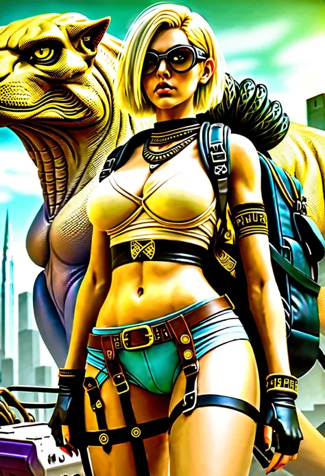 A ruined apocalyptic sci-fi city overgrown with alien plant life and strange alien monsters and animals, a busty beautiful young woman with tan skin and large bright hazel eyes with long lashes and cleopatra eyeliner, with a golden blonde hair, wearing a m...