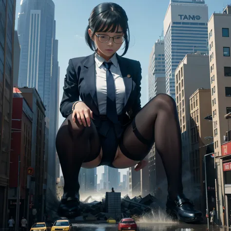 giantess art, a hyperrealistic schoolgirl, , highly detailed giantess shot, der riese, Shorthair, Black pantyhose, a huge high school girl、&#39;It&#39;s much bigger than a skyscraper。Wearing rimless glasses。Colossal tits。Navy blue blazer、Red tie、Mini Lengt...