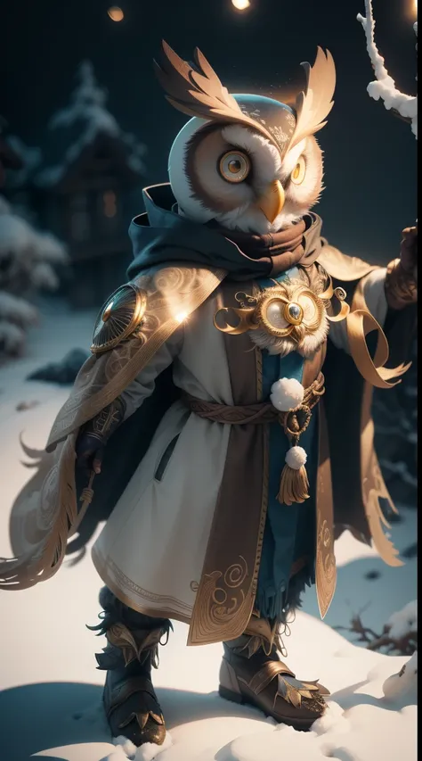 Vertigo 3D model of owl with intricate details, Decorated brown cape, Standing in the snow, Cinematic, Cinematic lighting, rendering by octane