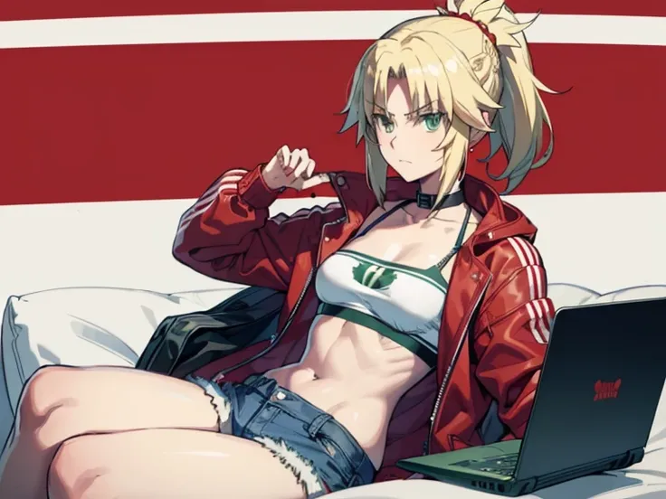 modred, (green eyes:1.5), blonde hair, ponytail, short hair, scrunchie, red scrunchie, hair scrunchie, denim, denim shorts, jack...