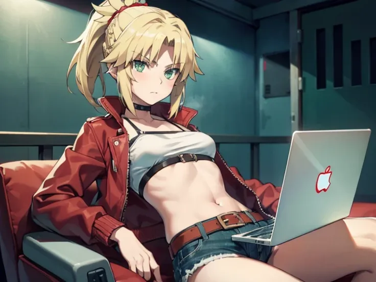 modred, (green eyes:1.5), blonde hair, ponytail, short hair, scrunchie, red scrunchie, hair scrunchie, denim, denim shorts, jack...