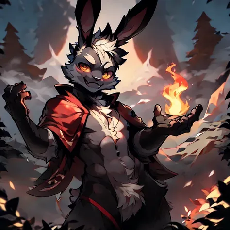 God of chaos as a bunny , doing fire magic out of his hand  in the cold mountains , while wearing a white and golden cloak that have fur on it