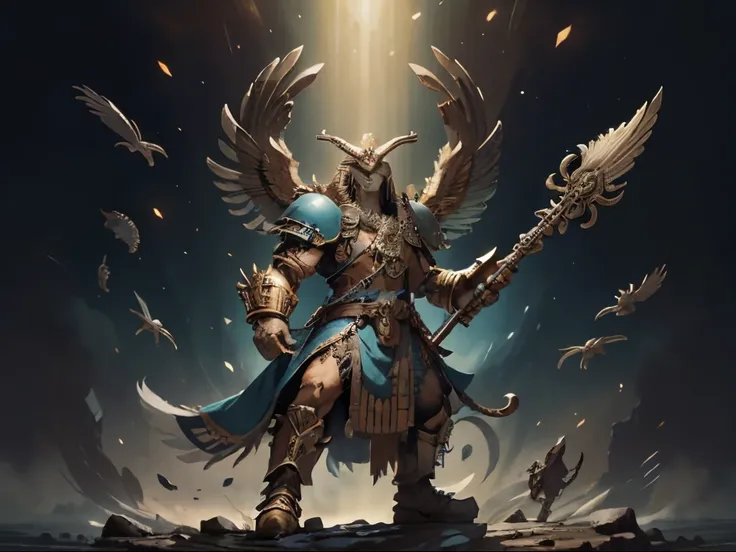 Warhammer style human standing eagle aztec monster holding a scepter