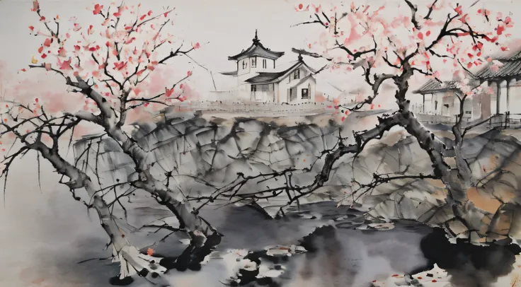 a plum tree bloomed，ink painting and watercolor，small yard，china ink painting，red and dark gray，