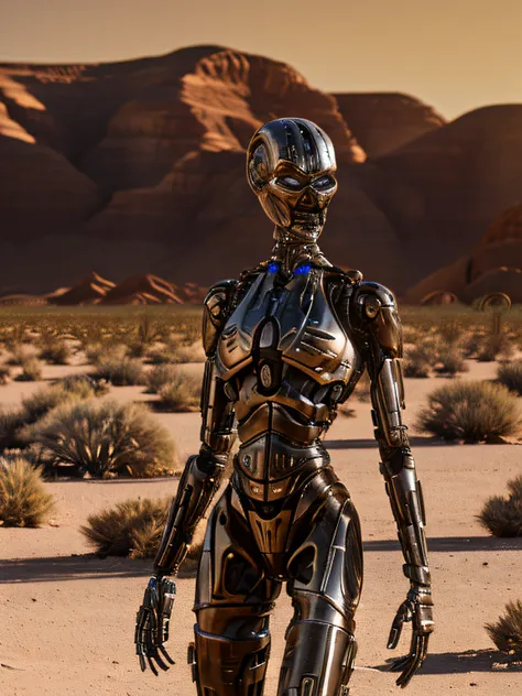 realistic, tx in california desert, noon, clear lighting, (tx endoskeleton:1.5), detailed tx endoskeleton, ultrarealistic tx end...