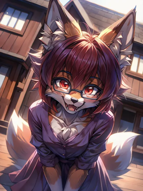 fox furry girl with short red hair, fluffy hair shy, beautiful red eyes, wearing glasses,  very  fluffy tail, small chest, 17 ye...