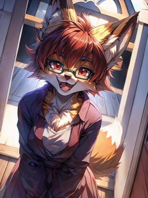 fox furry girl with short red hair, fluffy hair shy, beautiful red eyes, wearing glasses,  very  fluffy tail, small chest, 17 ye...