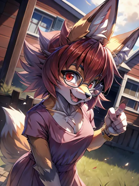 fox furry girl with short red hair, fluffy hair shy, beautiful red eyes, wearing glasses,  very  fluffy tail, small chest, 17 ye...