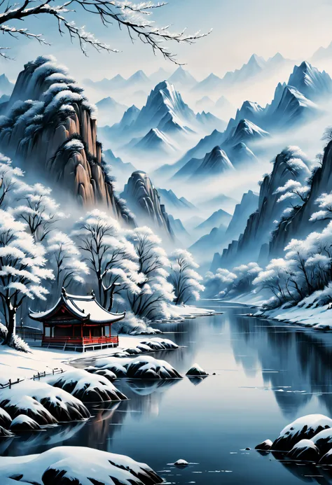 (Best quality,4K,8K,A high resolution,tmasterpiece:1.2),ultra - detailed,(actual,realistically,realisticlying:1.37),Tradition Chinese Ink Painting,Winter wonderland,peaceful scenery,Majestic mountain ranges,snow covered trees,Frozen lake,Peaceful atmospher...