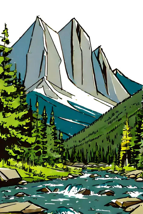 create an simple illustration with mountain, trees, river and a kayak