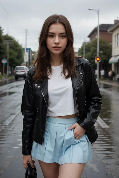 A busy road with rainy day. 
There  a beautiful girl with shaggy hair wearing opened black latex jacket showing sailor school uniform with light blue skirt