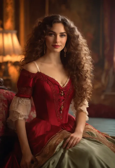 a woman with ((long curly hair)), 18 years old, smiling, sexy body, 
wearing red dress with colorful layers and full skirt,((Victorian style )), 
((Half Body Shot)), in the background bedroom with bed covered in colorful cushions ((Victorian era decoration...