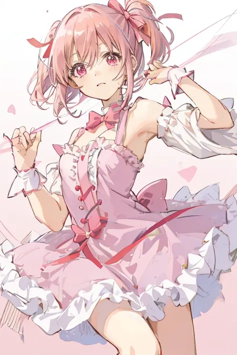 puella magi holly quintet,madoka,1girl in, Solo, Pink ribbon，the bow， Pink hair, Pink eyes, White background, Closed mouth