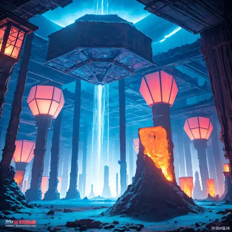 Alien Hexagonal Base (very detailed nipples) In a hexagonal mountain oasis，There are several hexagonal exhaust fans and chimneys, some neon lights projecting from the base，Light up the dark night), There are some clouds in the night sky, Some surrounding p...