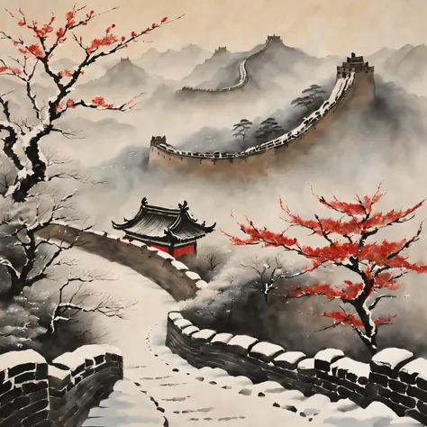 Tradition Chinese Ink Painting,Winter wonderland,The winding Great Wall,Subtle gray and black tones,Majestic mountain ranges,snow covered trees,A light mist enveloped the entire scene,Peaceful and quiet atmosphere,Hints of red and gold,nature elements,Deli...