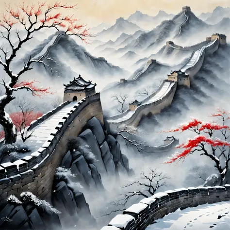 Tradition Chinese Ink Painting,Winter wonderland,The winding Great Wall,Subtle gray and black tones,Majestic mountain ranges,snow covered trees,A light mist enveloped the entire scene,Peaceful and quiet atmosphere,Hints of red and gold,nature elements,Deli...