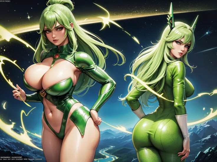 Close-up of a woman wearing green and costume, Heavy metal manga cover art, Barbarella, ashthorpe, offcial art, panoramic widescreen view, megadis, Matte tinting, 70s of the 20th century, syndicate(2012), psychic, Starcloud, Juan Jimenez, 1 9 7 0 seconds