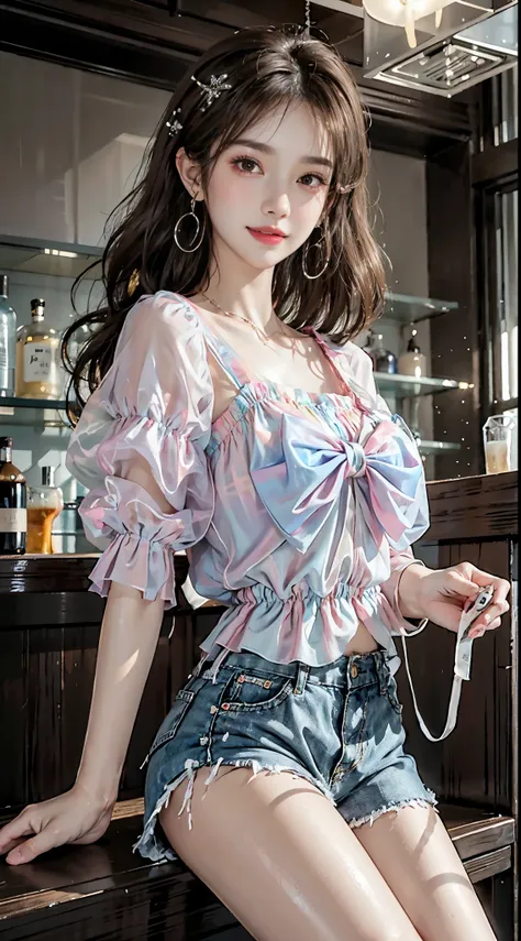 sweet girl clothes7,skirt, ((full bodyesbian)), ((from below)), ((actual)), 1 korean female model, a young girl, (in a pub, sit ...