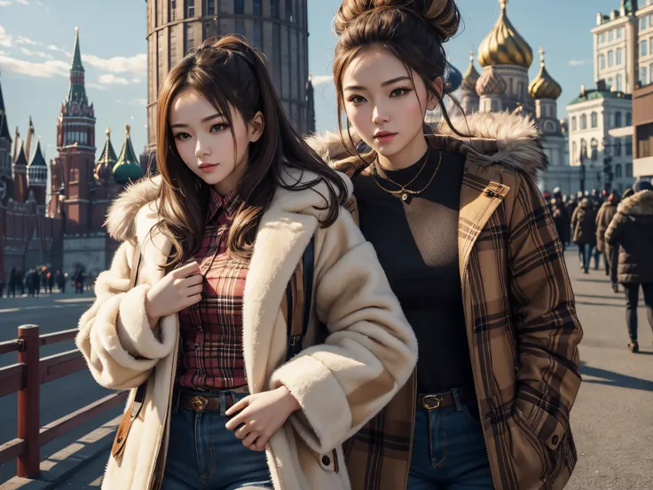 1个Giant Breast Girl, Plaid shirt, Fur coat, Kremlin background, exteriors, beehive,Best quality at best, 超高分辨率, realisticlying,