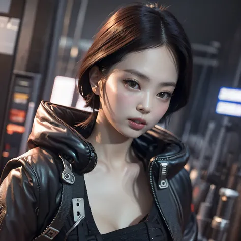 bright eyes,  super detailed, black short hair, blood and wounds, stab wounds on body, dirty clothes, Jennie Kim, 30 yrs old girl, cyberpunk sexy suit, black hair, neon lights background,