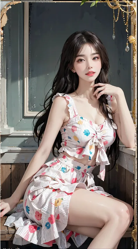 sweet girl clothes6,print dress, ((full bodyesbian)), ((from below)), ((actual)), 1 korean female model, a young girl, (in a pub...