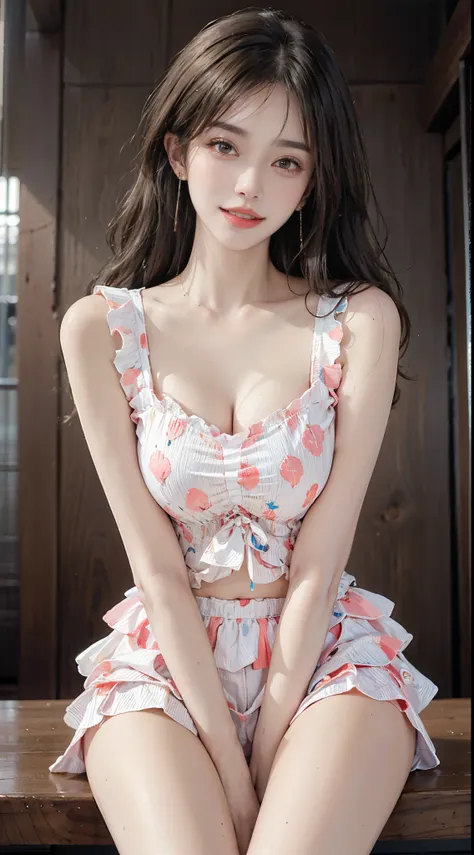 sweet girl clothes6,print dress, ((full bodyesbian)), ((from below)), ((actual)), 1 korean female model, a young girl, (in a pub...