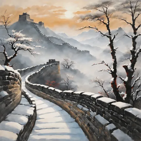 Tradition Chinese Ink Painting,Winter wonderland,early morning sunrise,The winding Great Wall,Subtle shades of gray and black,Majestic mountain ranges,snow covered trees,A faint mist envelopes the scene,a peaceful and serene atmosphere,hints of red and gol...