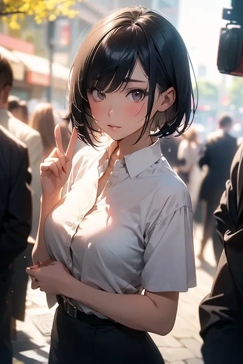 Anime style, Film Portrait Photography, 1girl in, A dark-haired, Short Bob Hair, Wearing an OL suit, Calm, (Natural Skin Texture, Realistic face details), depth of fields, Bokeh, vibrant detail, hyper realisitic, 35mm Film, Hazy blur, filmg,