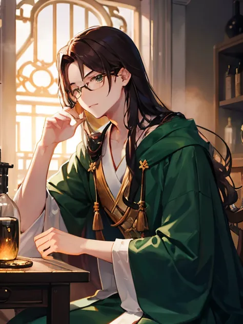 1boy, ember、独奏、alchemist、 Hair that grows to the shoulders, The long-haired、brown haired、eye glass、length hair、Lowered hair、manly、elongated face、Gentle、Intelligent、Older、Green clothing、green robes、Adults、animesque