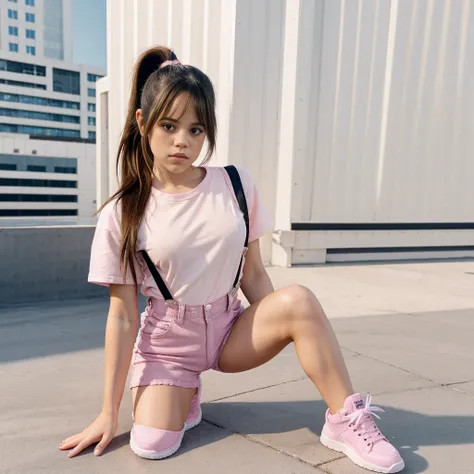 jenna ortega, long ponytail, pink overalls, studs, white shirt, sneakers, detailed skin, medium shot, upper body, simple solid background, portrait, nsfw