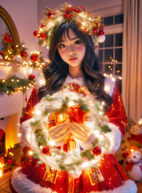 christmas, 1 cute and beautiful chinese girl wearing glowing traditional santa claus costume, holding a beautiful christmas wrea...