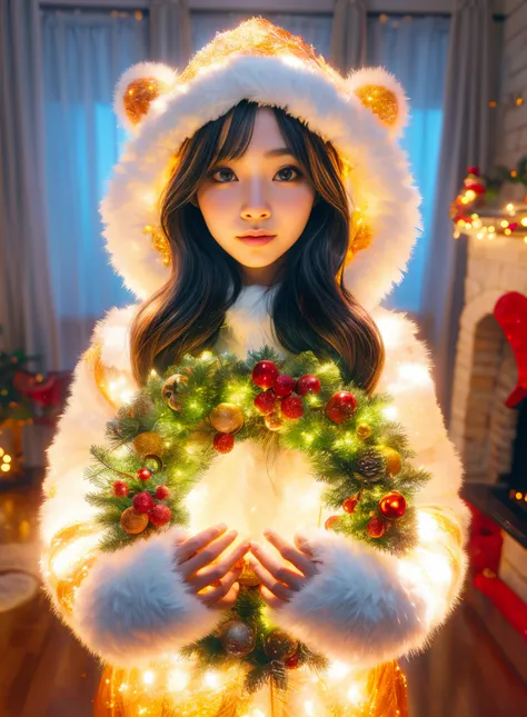 christmas, 1 cute and beautiful chinese girl wearing glowing traditional santa claus costume, holding a beautiful christmas wrea...