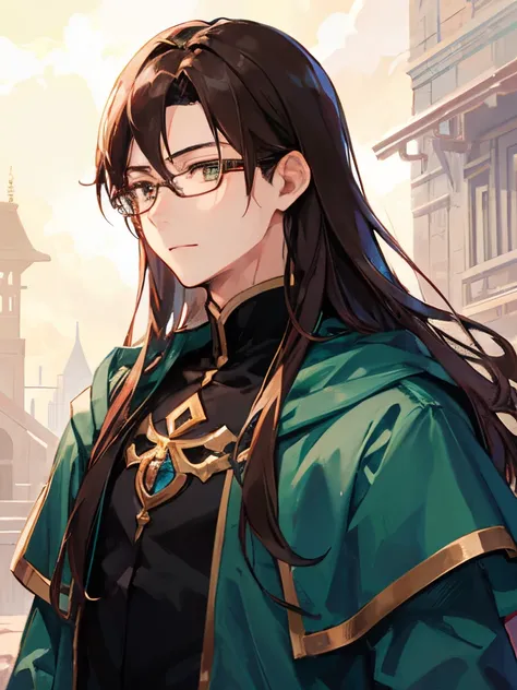 1boy, ember、独奏、alchemist、 Hair that grows to the shoulders, The long-haired、brown haired、eye glass、length hair、Lowered hair、manly、elongated face、Gentle、Intelligent、Older、Green clothing、thin clothes、Adults、animesque、Clear illustrations