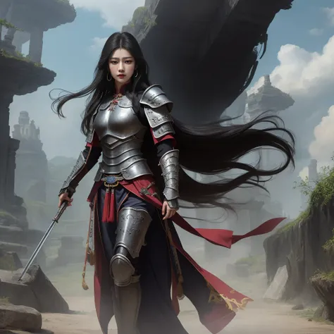 Ultimate light and shadow，The side face reveals long legs and black hair, hair straight, Long eyelashes, largeeyes，Liu Yemei，armour, ancient wind, Han Jian, lipsticks, tall nose bridge,,Fantastical，scifi style，tmasterpiece，ultra - detailed，high detal