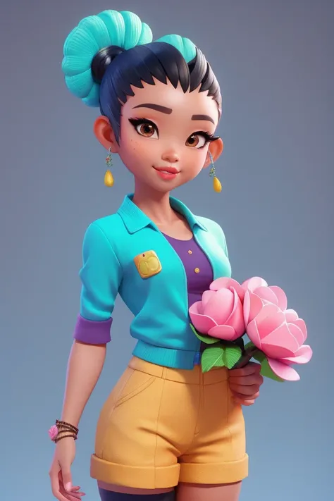 3dcharacter, 1 menina, mulher adulta das Maldivas, (((asian girl))), hazelnut eyes, frohawk rosa, jammers, (corpo inteiro: 1.2), fundo simples, obra-prima, melhor qualidade, (fundo gradiente de ameixa clara: 1.1)