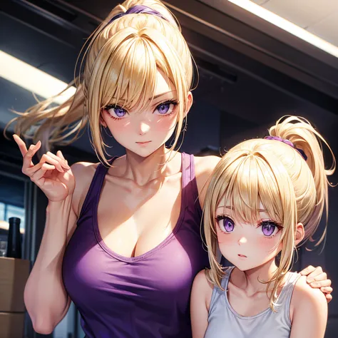 Blonde, purple eyes, ponytail, tank top, cool older sister