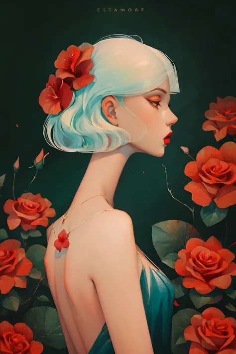 2d, pastel color, watercolor, low color saturation,
illustration, lineart, 
ankymoore, 1girl, bouquet, short white pixie hair, undercut fade hairstyle, camellia, (closed_eyelower_ornament, hair_flower, hibiscus, lipstick, makeup, profile, red_flower, red_l...