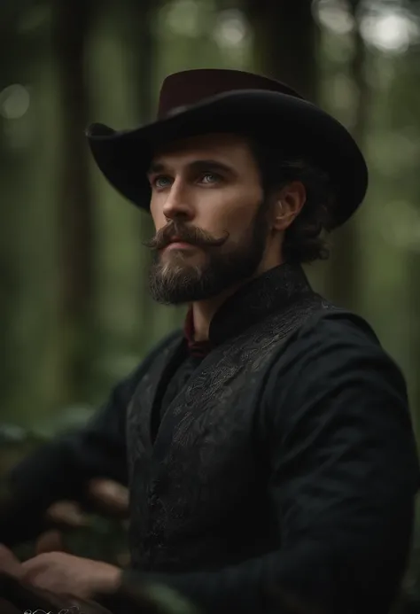 A very beautiful man, Beauty of a God, with long black hair, blue eyes, beard, strong chest, virile and
wearing a red shirt with a black embroidered vest over the shirt and black pants, Victorian Era style, in the background, a gypsy carriage in a forest, ...