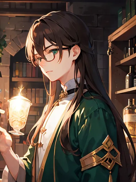 1boy, ember、独奏、alchemist、long hair that reaches shoulders、bangss、brown haired、eye glass、length hair、Lowered hair、manly、elongated face、Gentle、Intelligent、Older、Green clothing、Adults、animesque、Clear illustrations