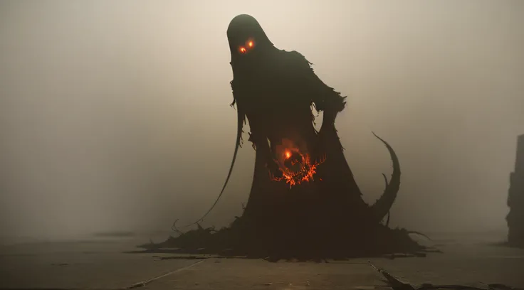 A paranormal entity haunts the dark, fog-plunged corridors. His presence enigmatic and menacing, shrouded in a dark, darkened, transparent appearance, wide-eyed, full of tentacles, which makes him look like an ethereal figure emerging from the depths of da...
