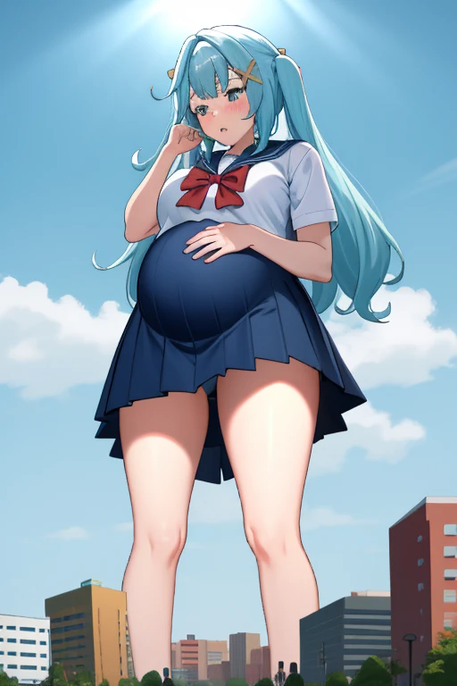 Giant maiden，Moe two-dimensional style，Pregnancy status，Round belly，Gaze at the bustling city, Lying down, Burp, Burping, Loud burp, Really loud burp, Growling belly, Sailor uniform, Embarrassed, Full body