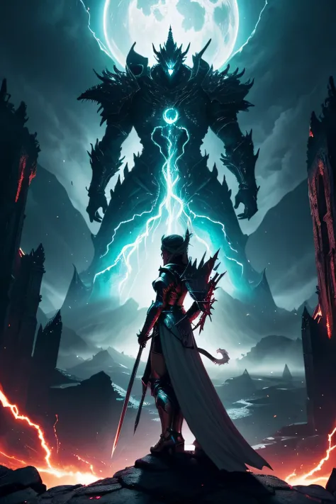 a fantasy environment that  disrupted by shadow energy. everything  destroyed and in ruins. a female knight wearing shining white armor made of star dust and holding a glowing dragon sword  standing on the edge of the cliff and  facing the wrath which  a m...