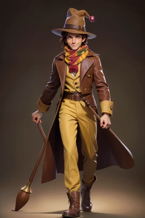 masterpiece, best quality, 1boy, green eyes, dark skin, brown hair, wavy hair, short hair, earringsmasterpiece, best quality, magic costume Wearing a brown magic hat, hand holding the hat, and a fuchsia red winter coat. Brown boots A multi-colored scarf wa...