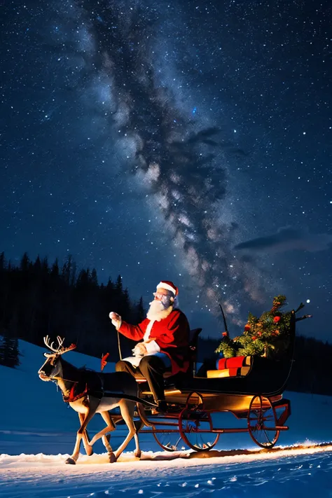 Santa Claus riding a sleigh pulled by reindeer through the night sky、Santa Claus looks small in the night sky