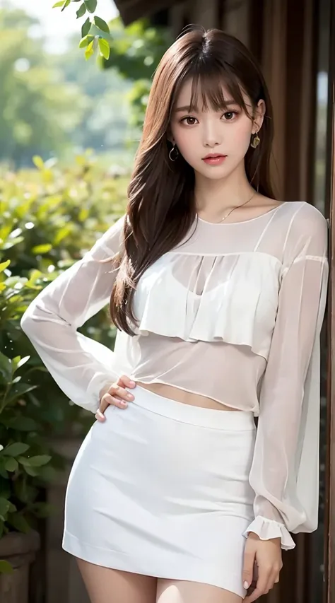 (bestquality, Realistic: 1.3), 1girl in, Middlebox, Light brown hair, blunt bangs, hair behind ear, hair over shoulder, long-haired, Slender Figure, ultra-fine face, Sensitive lips, beautidul eyes, Thin blush, The eyes are light brown.........., Perfect gl...