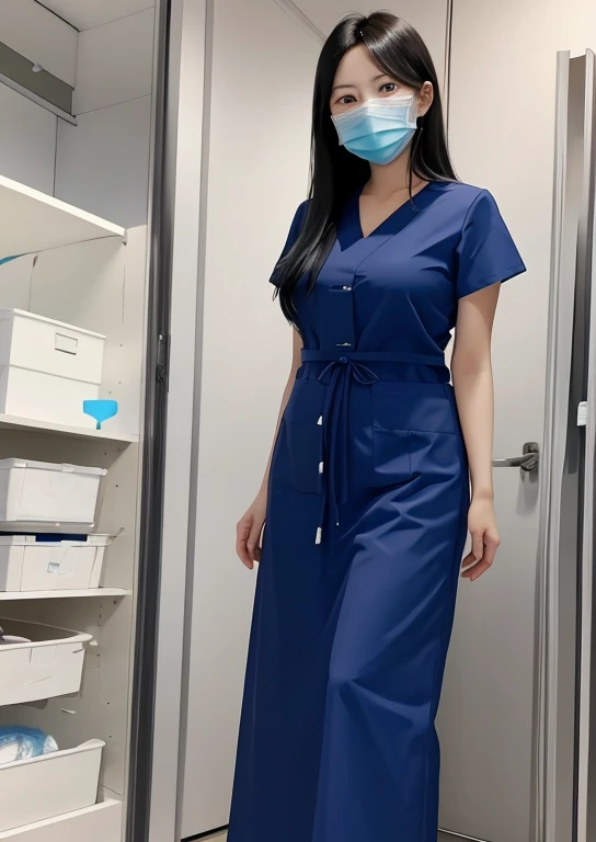 A 30-year-old female doctor with long, black hair, wearing a long skirt, plump breasts, blue surgical gown, and surgical mask.