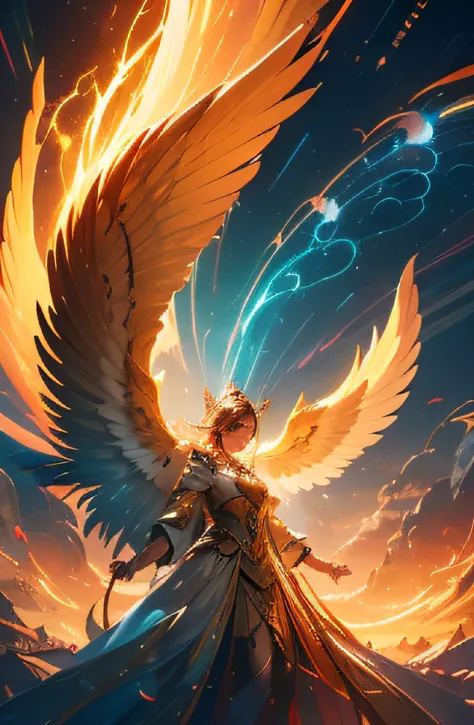 A majestic celestial body rising through the flowing clouds, crackling with the power of lightning. Wearing a glittering golden costume、, Celestial bodies emit a bright glow、illuminate the surrounding sky。. spread your wings wide, Each feather shines with ...