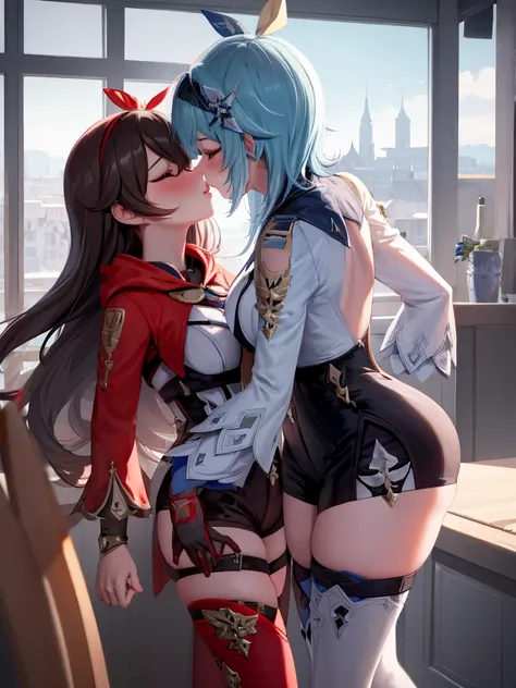 (masterpiece, best quality), multiple girls, 2girls, kissing, kiss, yuri, standing, Europe background, windmill, sunny, blush, embarrassed BREAK euladef, height 170, cmshort hair BREAK amber5star, height 163 cm