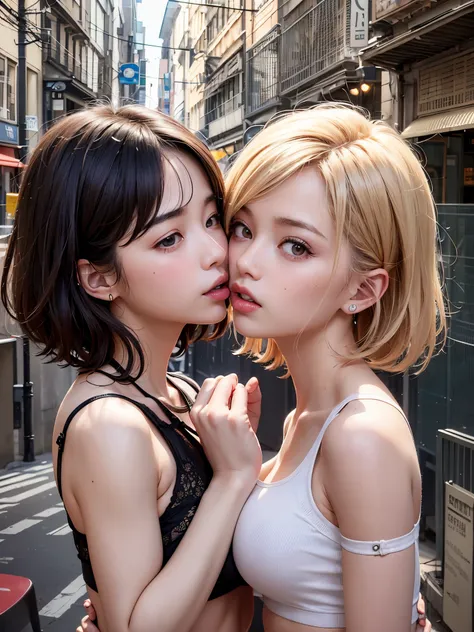 masutepiece、8k、two women hdtv、detailed as a photo、unparalleled beauty and cute girls、short blonde bob cut、brown middle wavy hair...