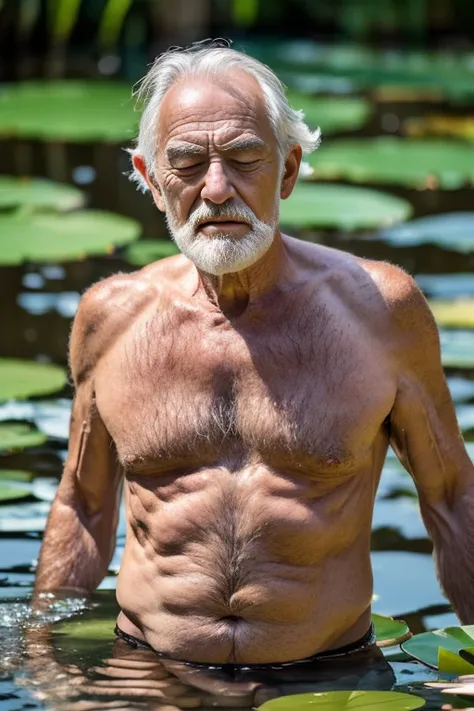 an elder with a long beard and white hair, with a serene face wrinkles, looking producing, body older weak, skinny bones hairy, ...